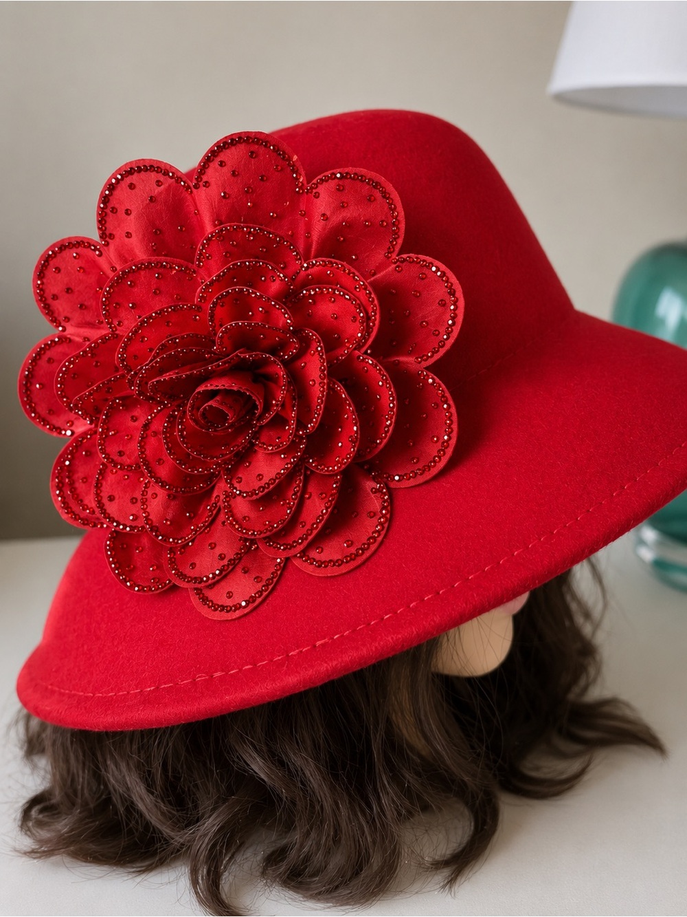 Bling Studded Flower Felt Bucket Hat